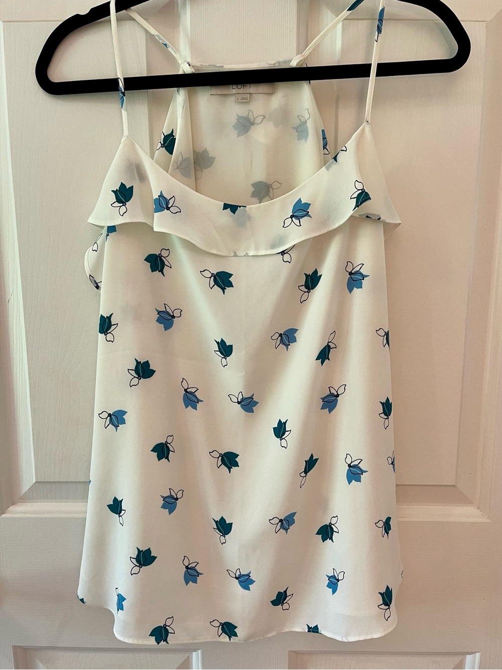 LOFT White Floral Ruffle Cami with Light Blue Print Size Large